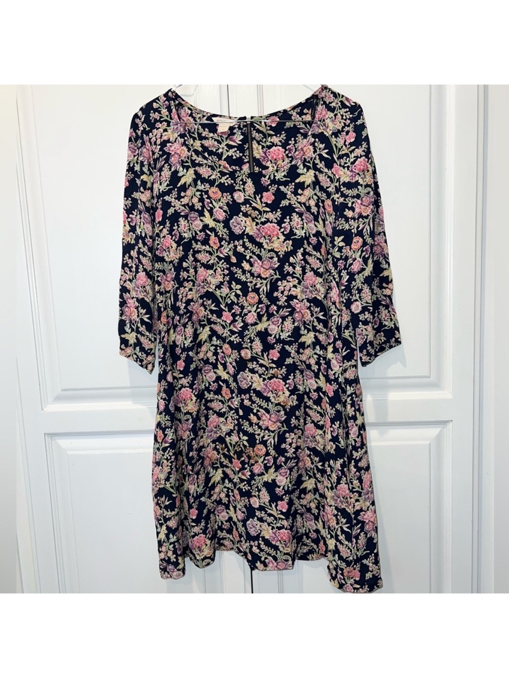 Monsoon Navy Botanical Floral Shift Dress Pockets 3/4 Sleeve Size 8 - Picture 2 of 8